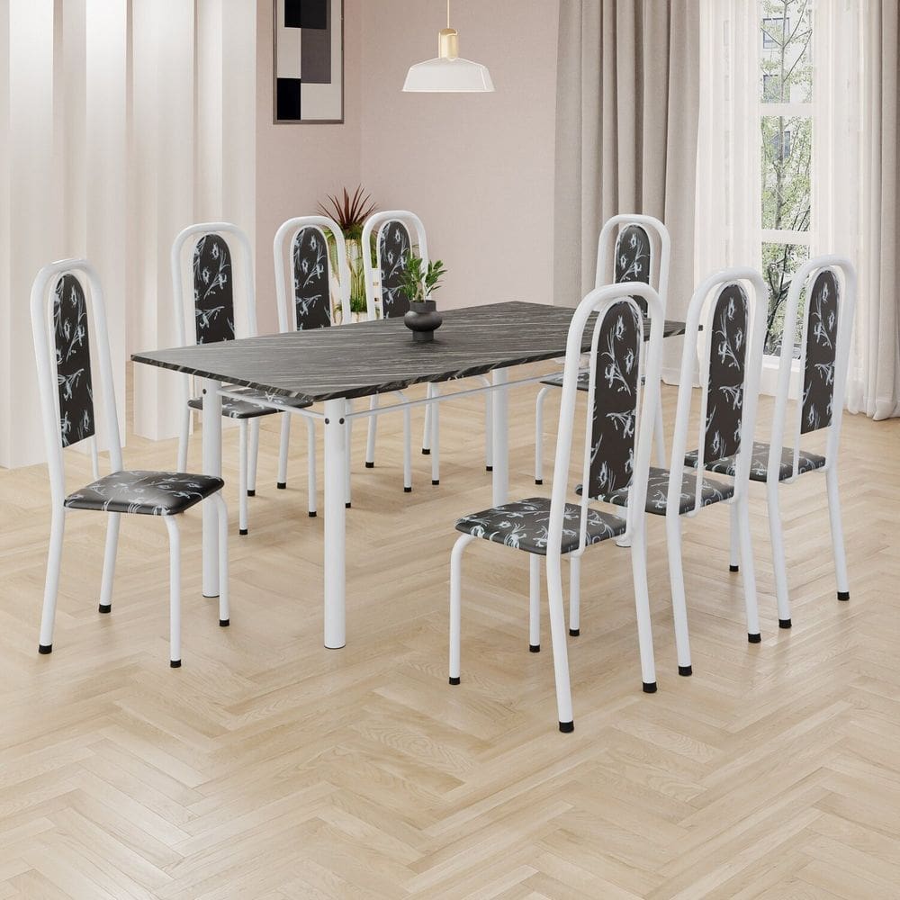 Conjunto de Mesa Retangular 180x75cm Tampo Ardósia Indiana 8 Cadeiras Lavínea Preto Floral/ Branco