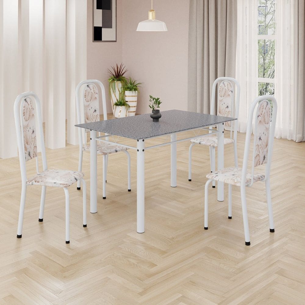 Conjunto de Mesa Retangular 120x75cm Tampo Granito Ocre 4 Cadeiras Lavínea Botanic Bege / Branco