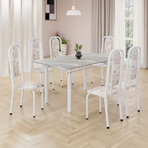 Conjunto de Mesa Retangular 140x75cm Tampo Granito Topázio 6 Cadeiras Lavínea Botanic Bege / Branco