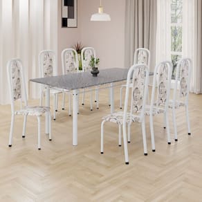 Conjunto de Mesa Retangular 180x75cm Tampo Granito Ocre 8 Cadeiras Lavínea Arabesco/ Branco