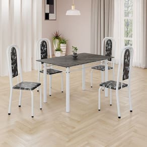 Conjunto de Mesa Retangular 120x75cm Tampo Ardósia Indiano 4 Cadeiras Lavínea Preto Floral/ Branco