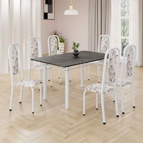 Conjunto de Mesa Retangular 140x75cm Tampo Ardósia Indiano 6 Cadeiras Lavínea Arabesco/ Branco