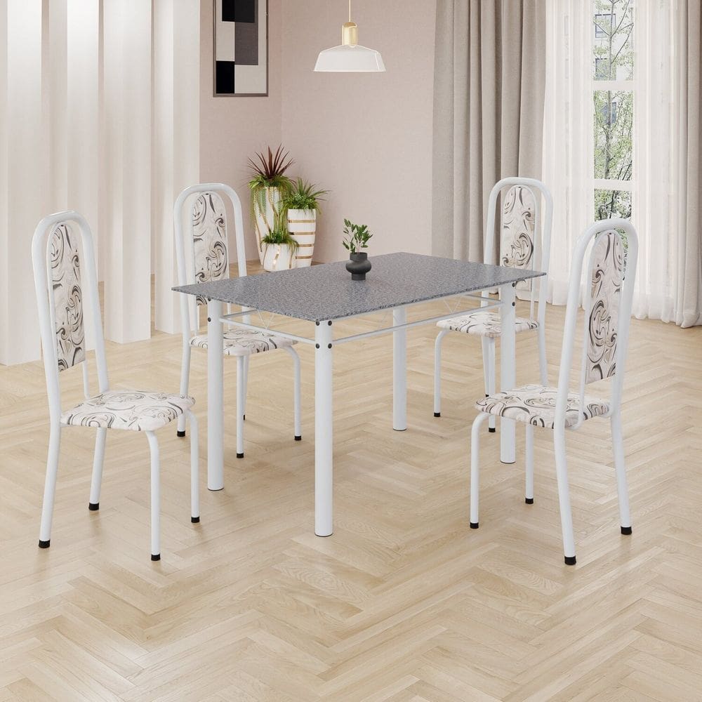 Conjunto de Mesa Retangular 120x75cm Tampo Granito Ocre 4 Cadeiras Lavínea Arabesco/ Branco