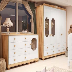 Quarto Infantil com Guarda-roupas e Cômoda com Janelas Maya Provençal Espresso Móveis Branco Brilho/Amêndoa