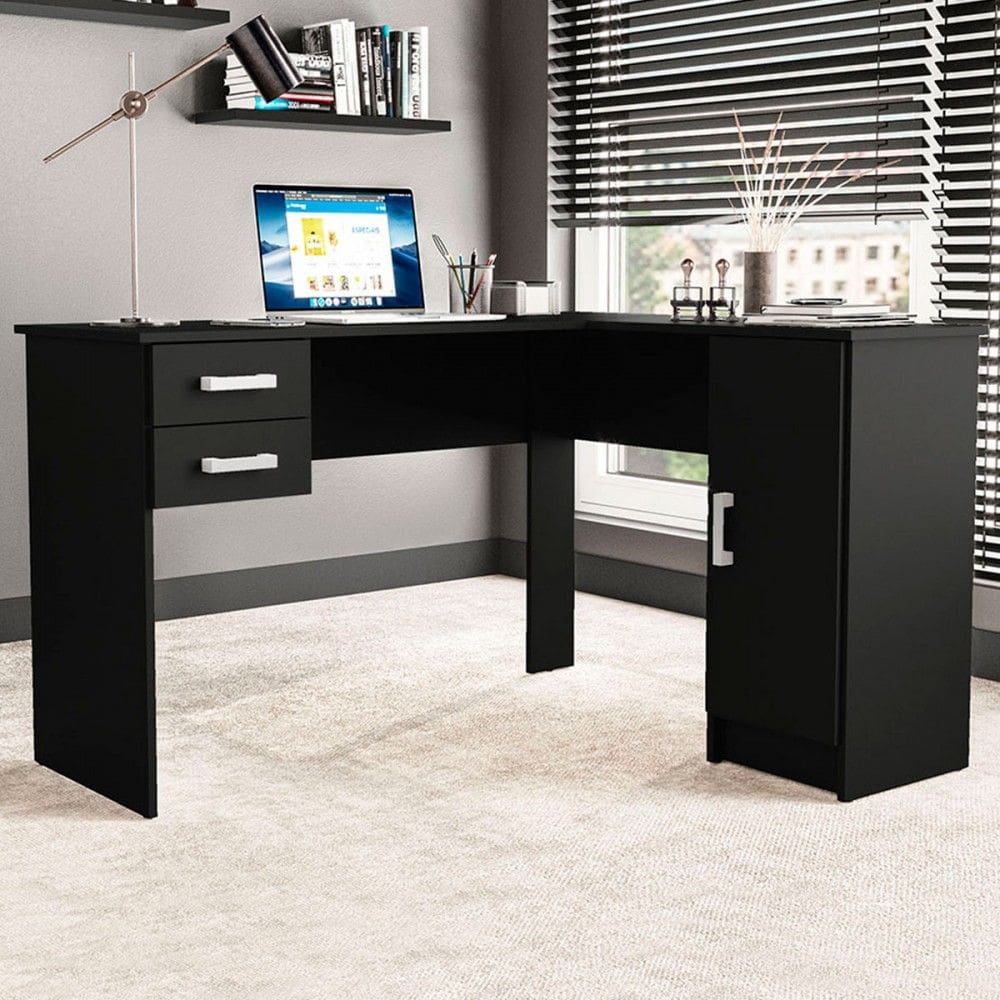 Mesa Escrivaninha Barcelona 1 Porta 2 Gavetas Preto - Politorno