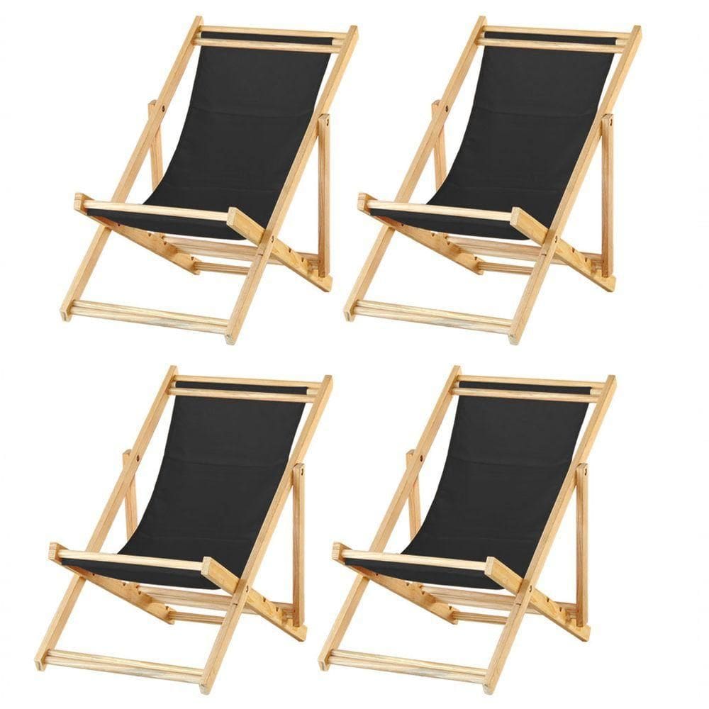 Kit 4 Cadeira Espreguiçadeira Dobrável S-b-preto