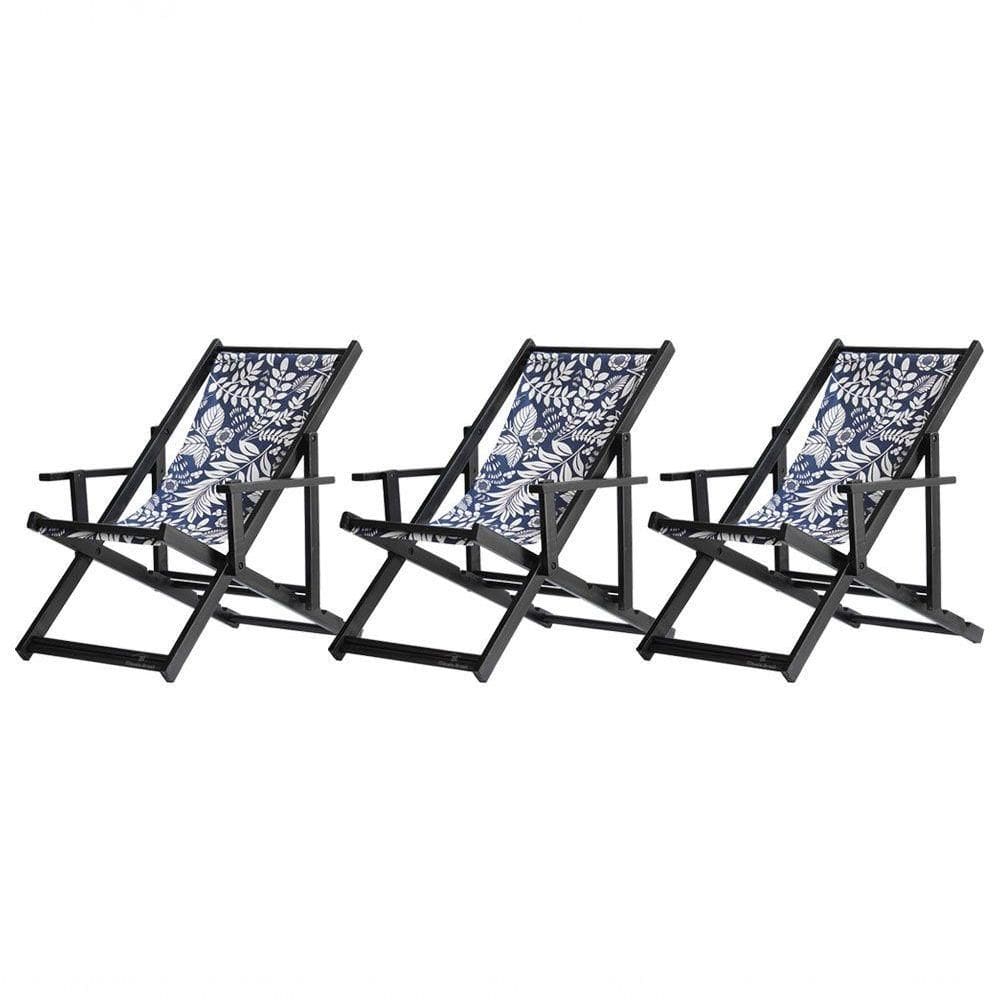 Kit 3 Espreguiçadeiras Dobrável Black Cb-folhas Brancas