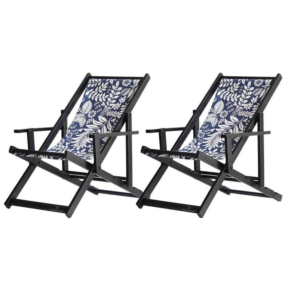 Kit 2 Espreguiçadeiras Dobrável Black Cb-folhas Brancas