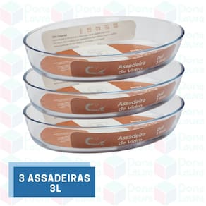 3 Assadeira Oval Grande 3L Vidro Resistente Grosso Forno Assados