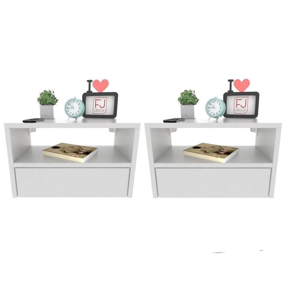 Kit 2 Mesas De Cabeceira Suspensa 40 Cm Com Gaveta Mdf Branco