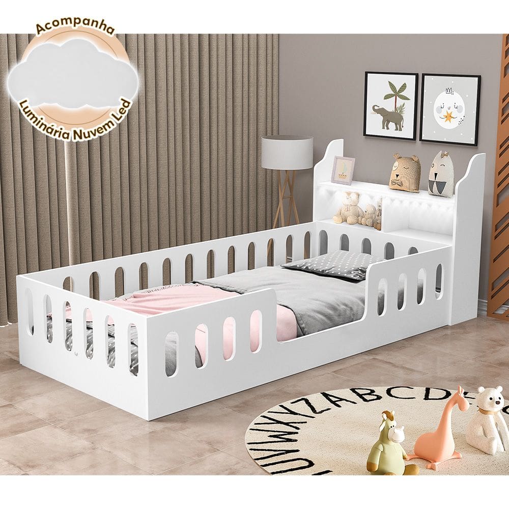 Cama Infantil Montessoriana Helo Solteiro com Nicho e Led Branca Acompanha Luminária Nuvem