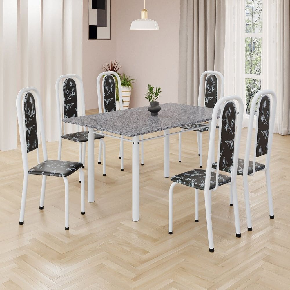 Conjunto de Mesa Retangular 140x75cm Tampo Granito Ocre 6 Cadeiras Lavínea Preto Floral/ Branco