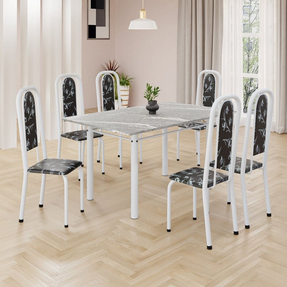 Conjunto de Mesa Retangular 140x75cm Tampo Granito Topázio 6 Cadeiras Lavínea Preto Floral/ Branco