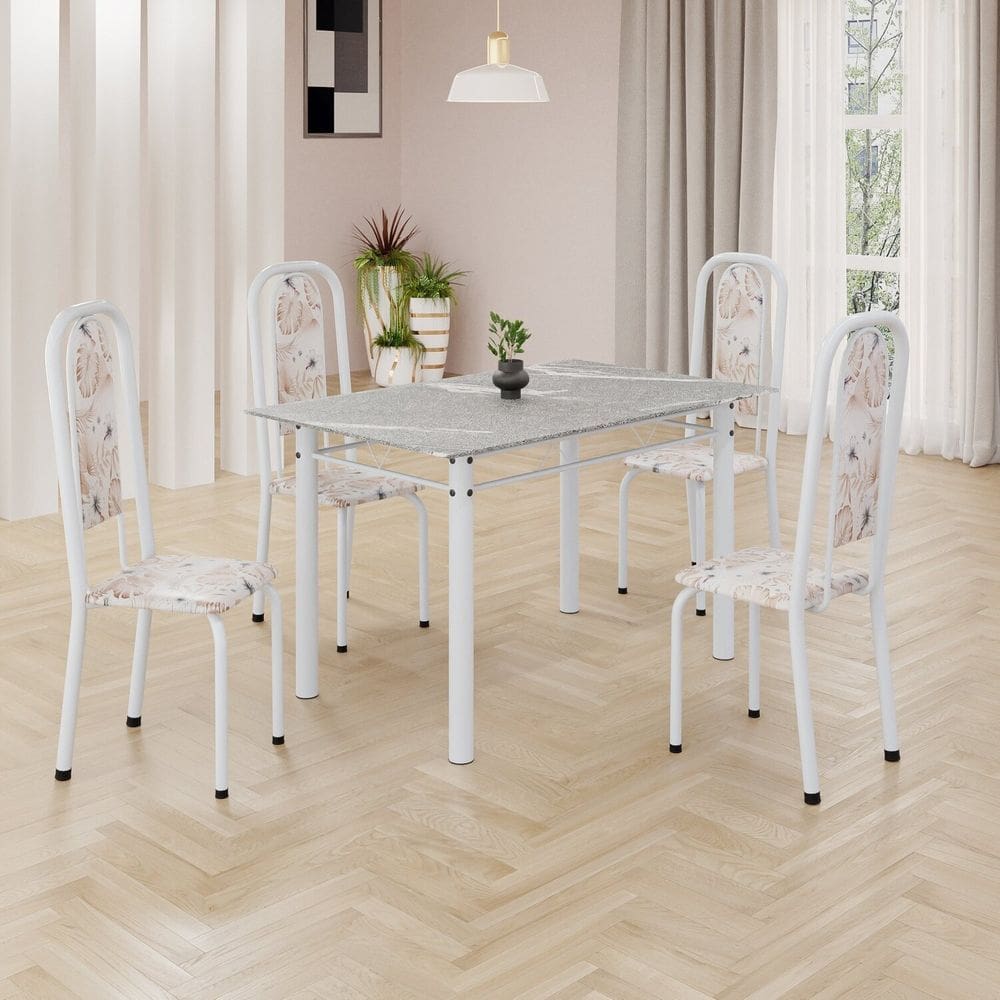 Conjunto de Mesa Retangular 120x75cm Tampo Granito Topázio 4 Cadeiras Lavínea Botanic Bege / Branco
