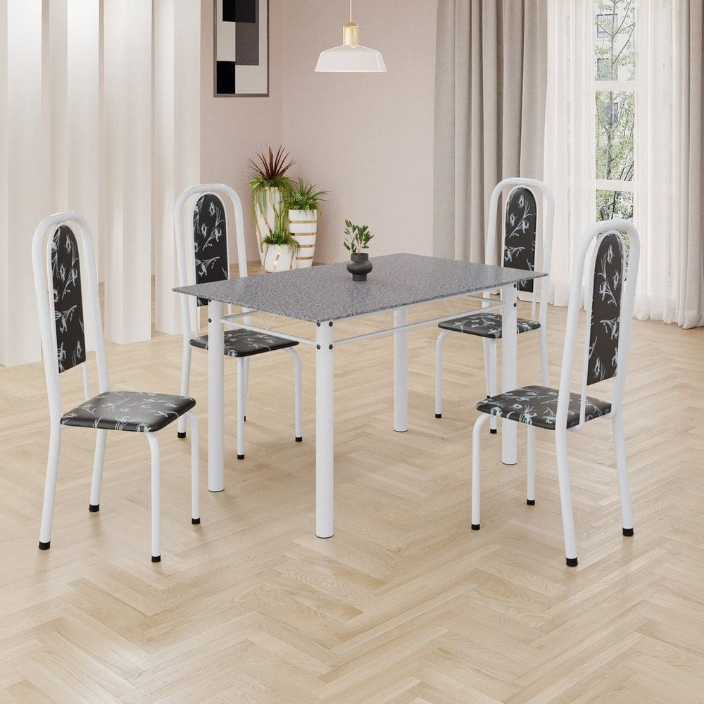 Conjunto de Mesa Retangular 120x75cm Tampo Granito Ocre 4 Cadeiras Lavínea Preto Floral/ Branco
