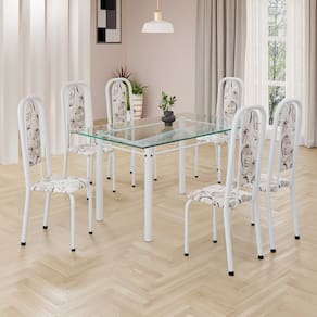 Conjunto de Mesa Retangular 140x75cm Tampo de Vidro 6 Cadeiras Lavínea Arabesco/ Branco