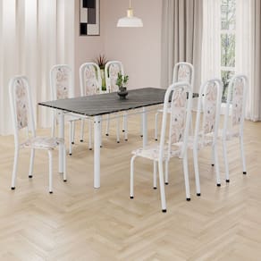 Conjunto de Mesa Retangular 180x75cm Tampo Ardósia Indiana 8 Cadeiras Lavínea Botanic Bege / Branco