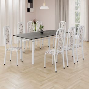Conjunto de Mesa Retangular 180x75cm Tampo Ardósia Indiana 8 Cadeiras Lavínea Arabesco/ Branco