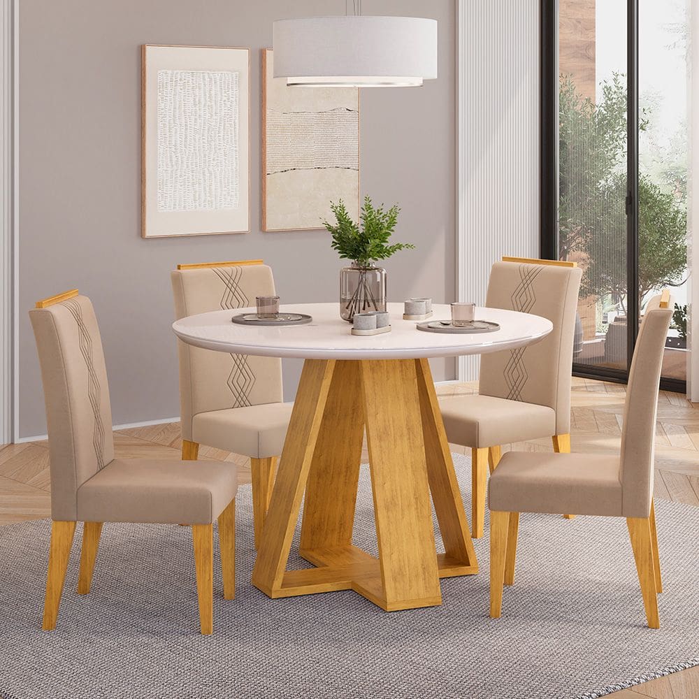 Mesa de Jantar Redonda kiara 103cm com 04 Cadeiras Yasmin Cedro Off White Veludo Lunar