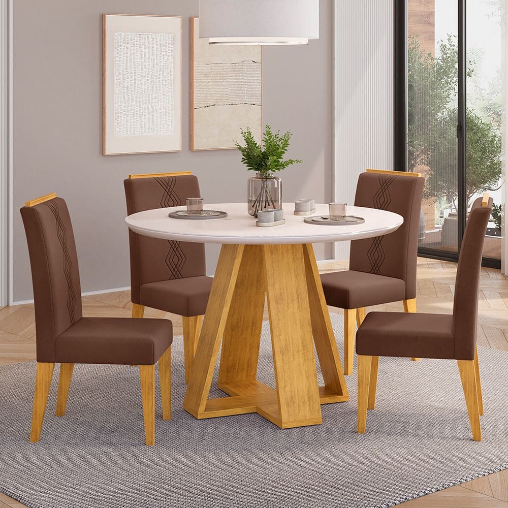 Mesa de Jantar Redonda kiara 103cm com 04 Cadeiras Yasmin Cedro Off White Veludo Moca
