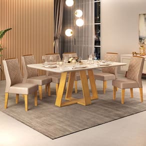 Mesa de Jantar Kiara 160x90 com 06 Cadeiras Lídia Cedro Off White Veludo Kraft DJ Móveis