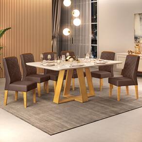 Mesa de Jantar Kiara 160x90 com 06 Cadeiras Lídia Cedro Off White Veludo Moca DJ Móveis