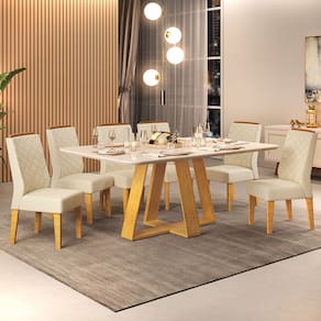 Mesa de Jantar Kiara 160x90 com 06 Cadeiras Lídia Cedro Off White Linho Neve DJ Móveis