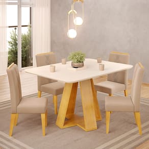 Mesa de Jantar Kiara 120x90 com 04 Cadeiras Yasmin Cedro Off White Veludo Kraft DJ Móveis