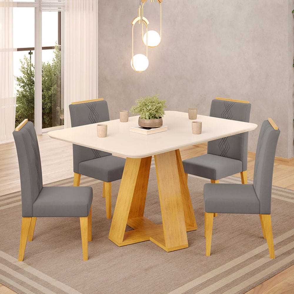 Mesa de Jantar Kiara 120x90 com 04 Cadeiras Yasmin Cedro Off White Veludo Lunar DJ Móveis