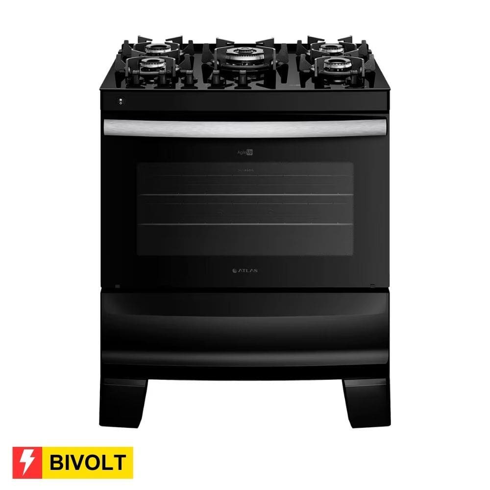 REEMBALADO: Fogão Atlas 5 Bocas Agile Up Glass com Mesa de Vidro Bivolt - Preto