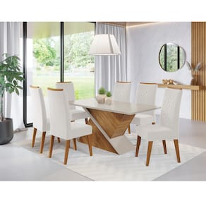 Mesa de Jantar Retangular Patagonia Com 6 Cadeiras Flora em Madeira Maciça Cobre/Blonde/Marfim - Casa Giulia
