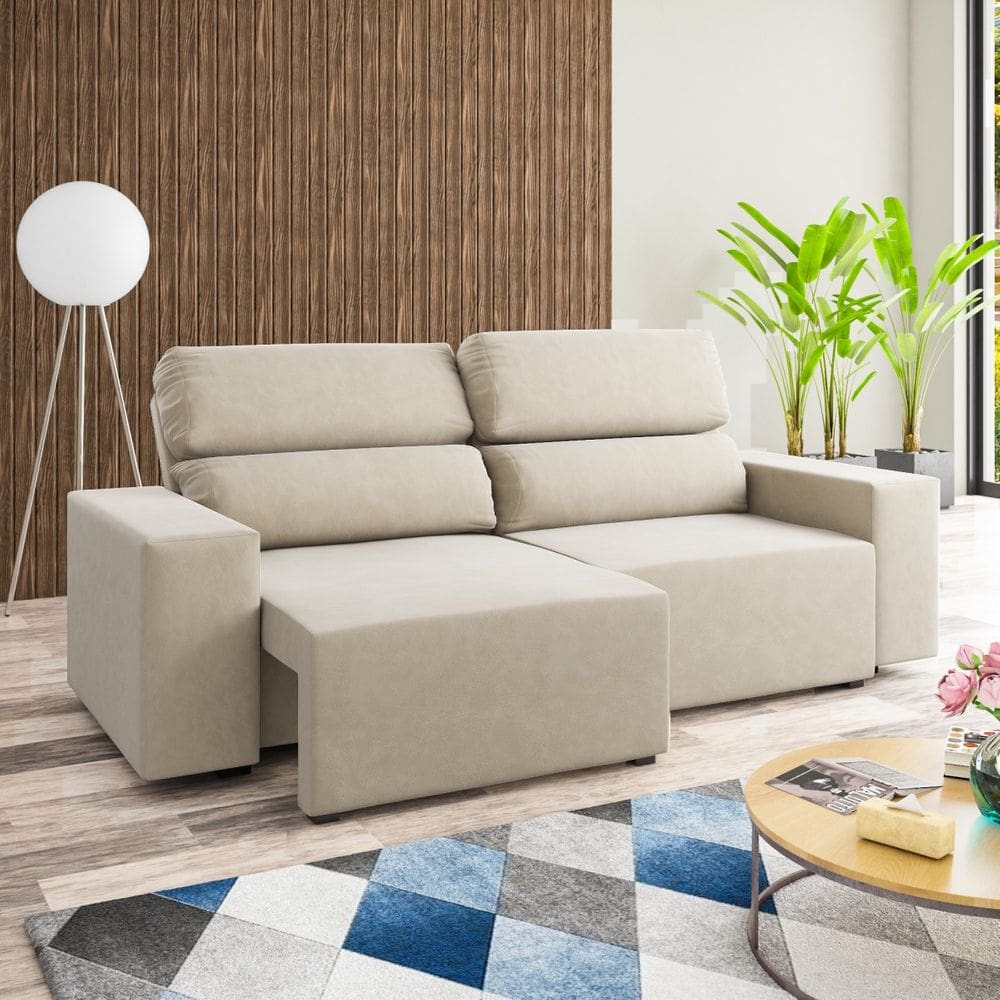Estofado 3 Lugares Jersey Retratil e Reclinavel Bege - Casa Giulia