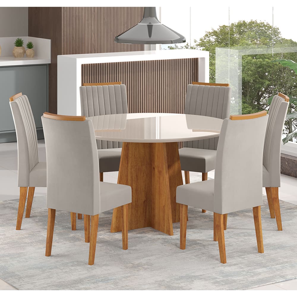 Mesa de Jantar Redonda Julieta Com 6 cadeiras Fran Cobre/Off White/Marfim - Casa Giulia