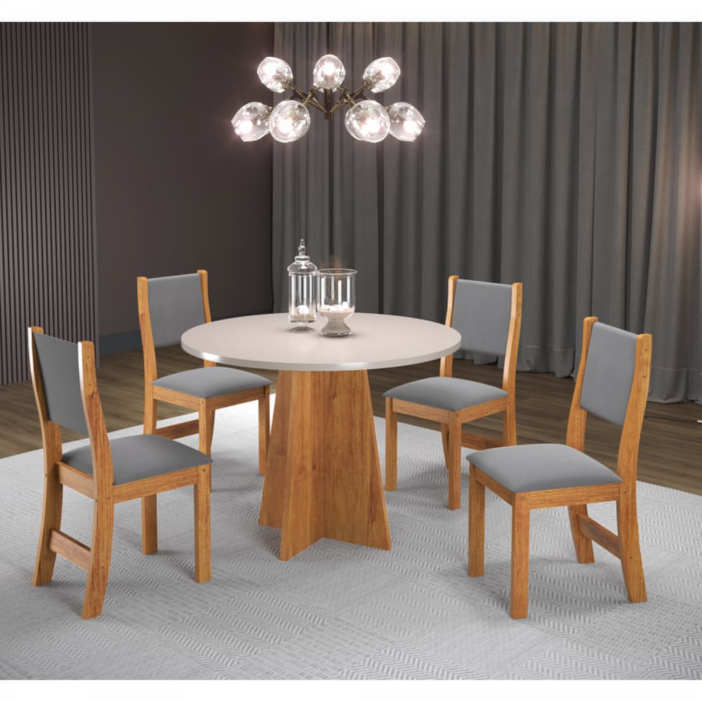 Mesa de Jantar Redonda Fox Com 4 Cadeiras Sol Cobre/Blonde/Cinza - Casa Giulia
