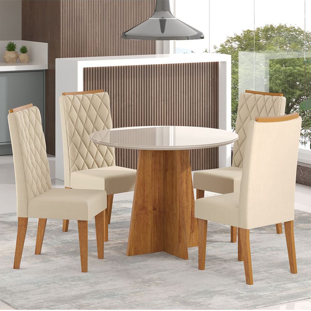 Mesa de Jantar Redonda Keti Com 4 Cadeiras Iza Cobre/Bege/Vd Off White - Casa Giulia