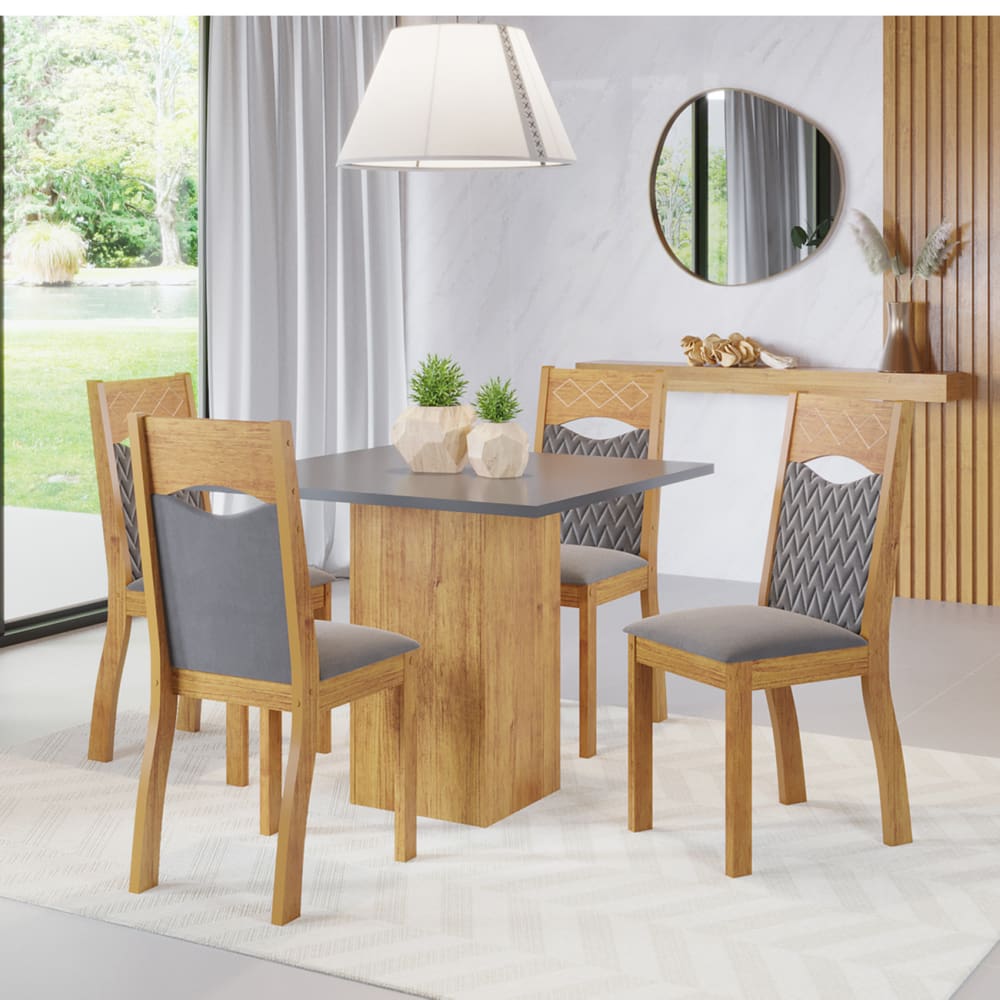 Mesa de Jantar Quadrada Dumond Com 4 Cadeiras Pietra Cobre/Cinza Brilho/Grafite - Casa Giulia