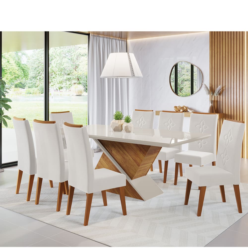 Mesa de Jantar Retangular Otis Com 8 Cadeiras Flora em Madeira Maciça Cobre/Off White/Marfim - Casa Giulia