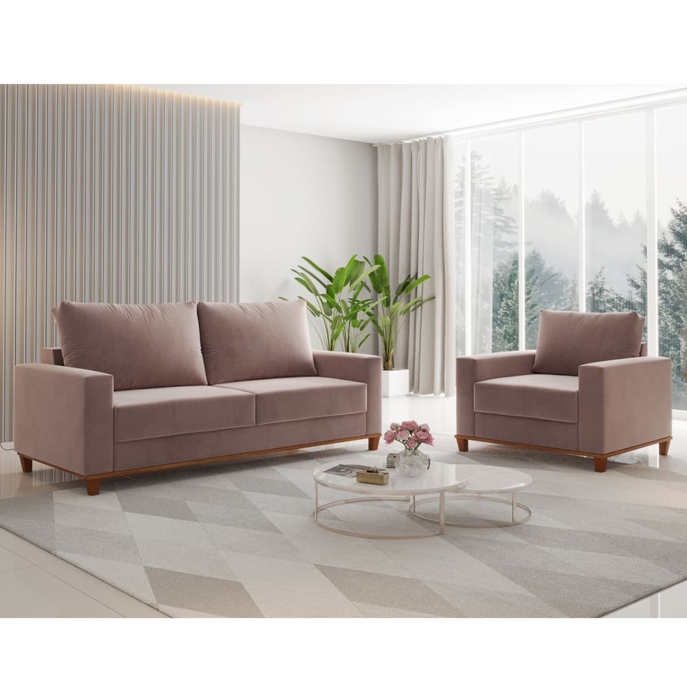 Conjunto Estofado Living 3 Lugares e 1 Poltrona Napoles Veludo Rosa - Casa Giulia