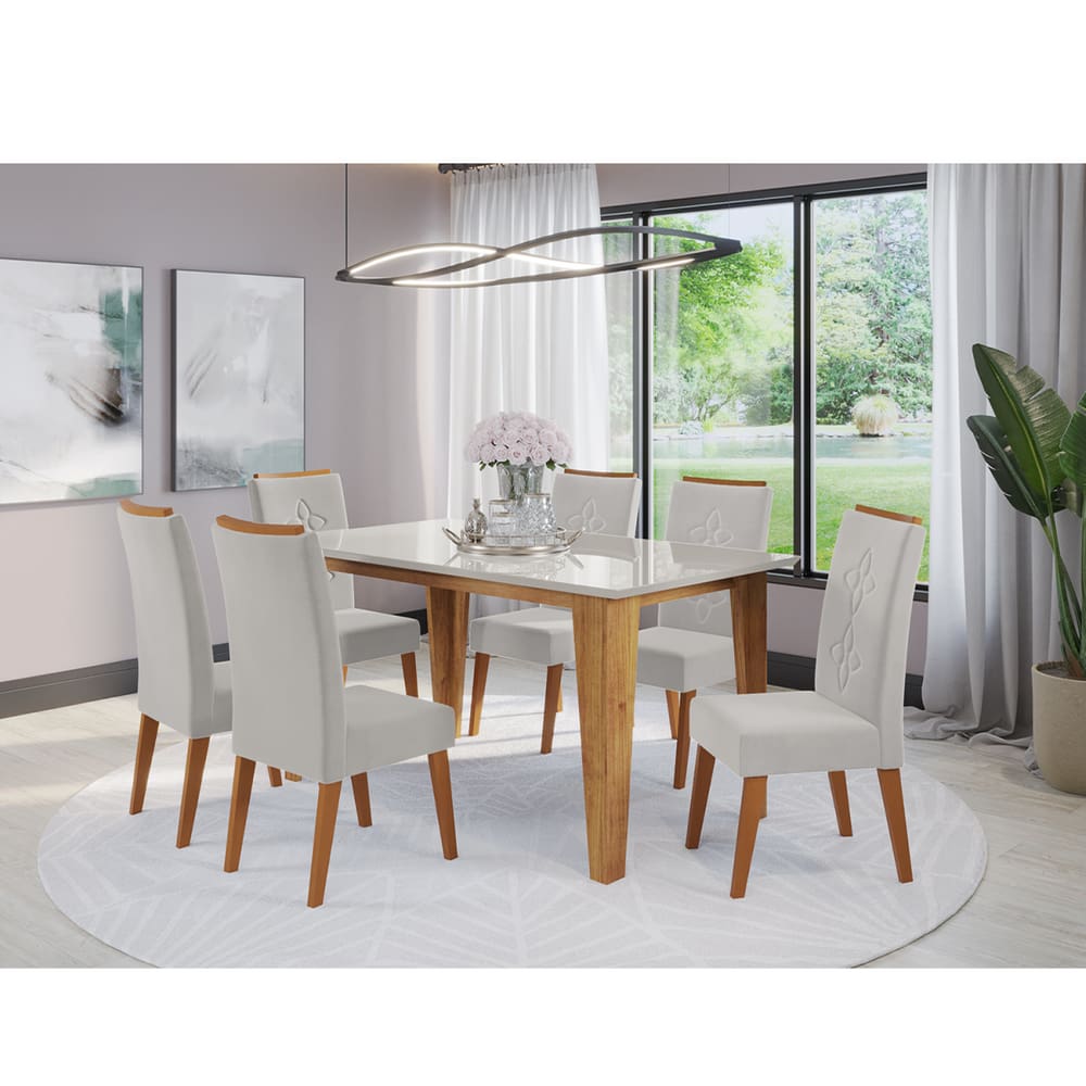 Mesa de Jantar Retangular Scala Com 6 Cadeiras Flora em Madeira Maciça Cobre/Off White/V.marfim - Casa Giulia