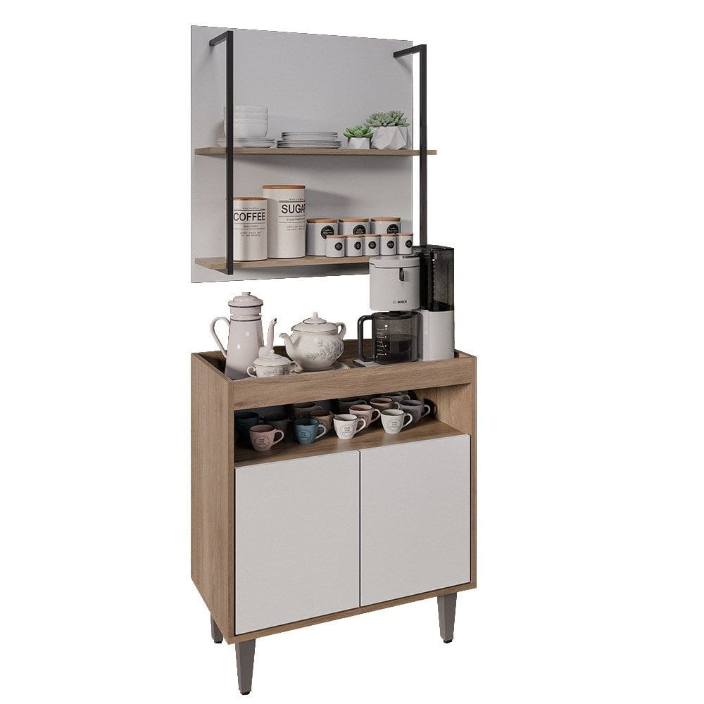 Aparador Cantinho do Café e Painel 2 Prateleiras Flora M24 Freijó/Branco - Mpozenato