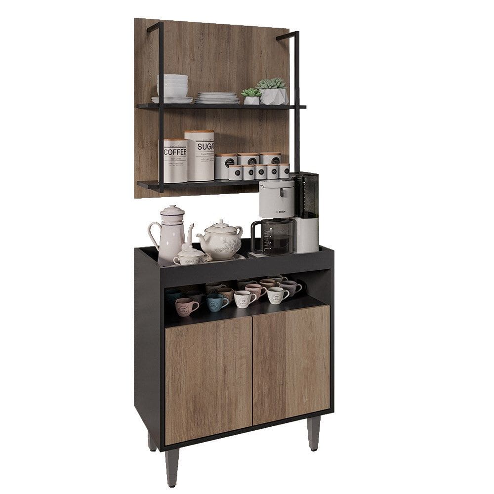 Aparador Cantinho do Café e Painel 2 Prateleiras Flora M24 Preto/Freijó - Mpozenato