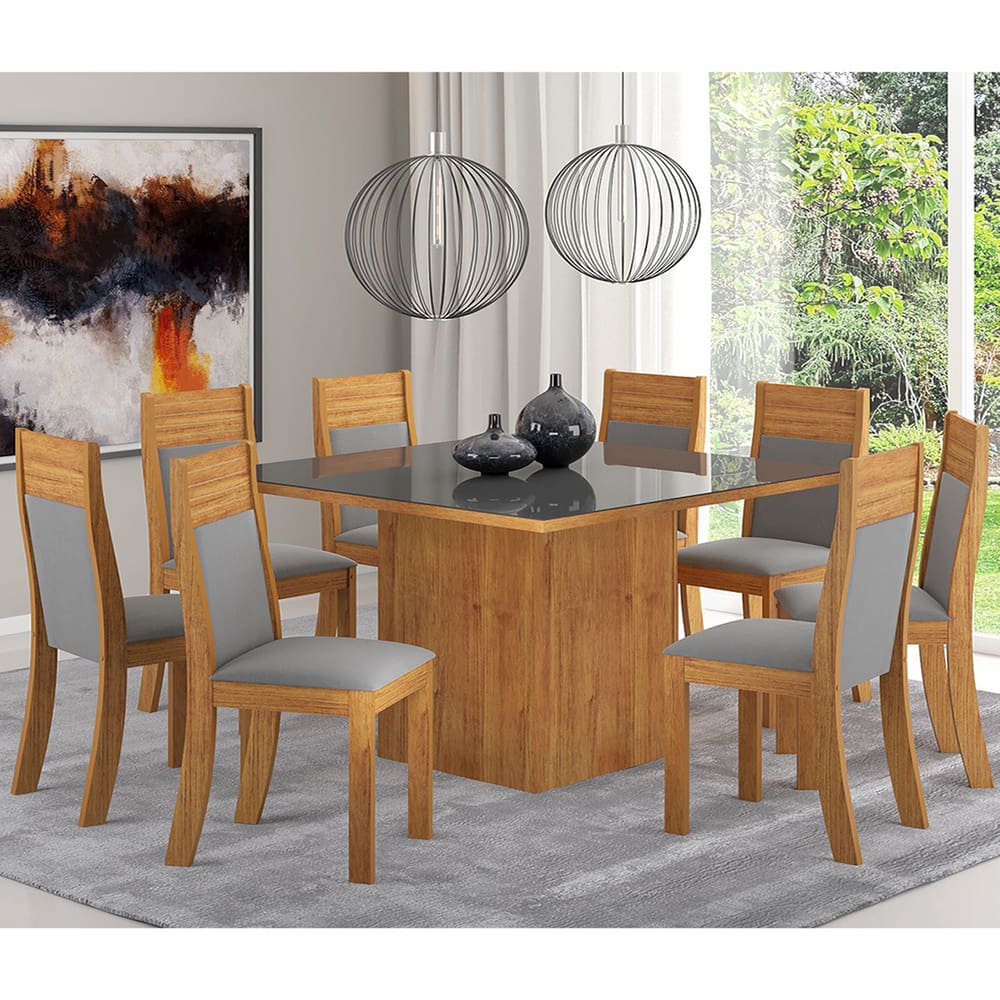 Mesa de Jantar Quadrada Estela Com 8 Cadeiras Roma Cobre/Cinza/Vd Grafite - Casa Giulia