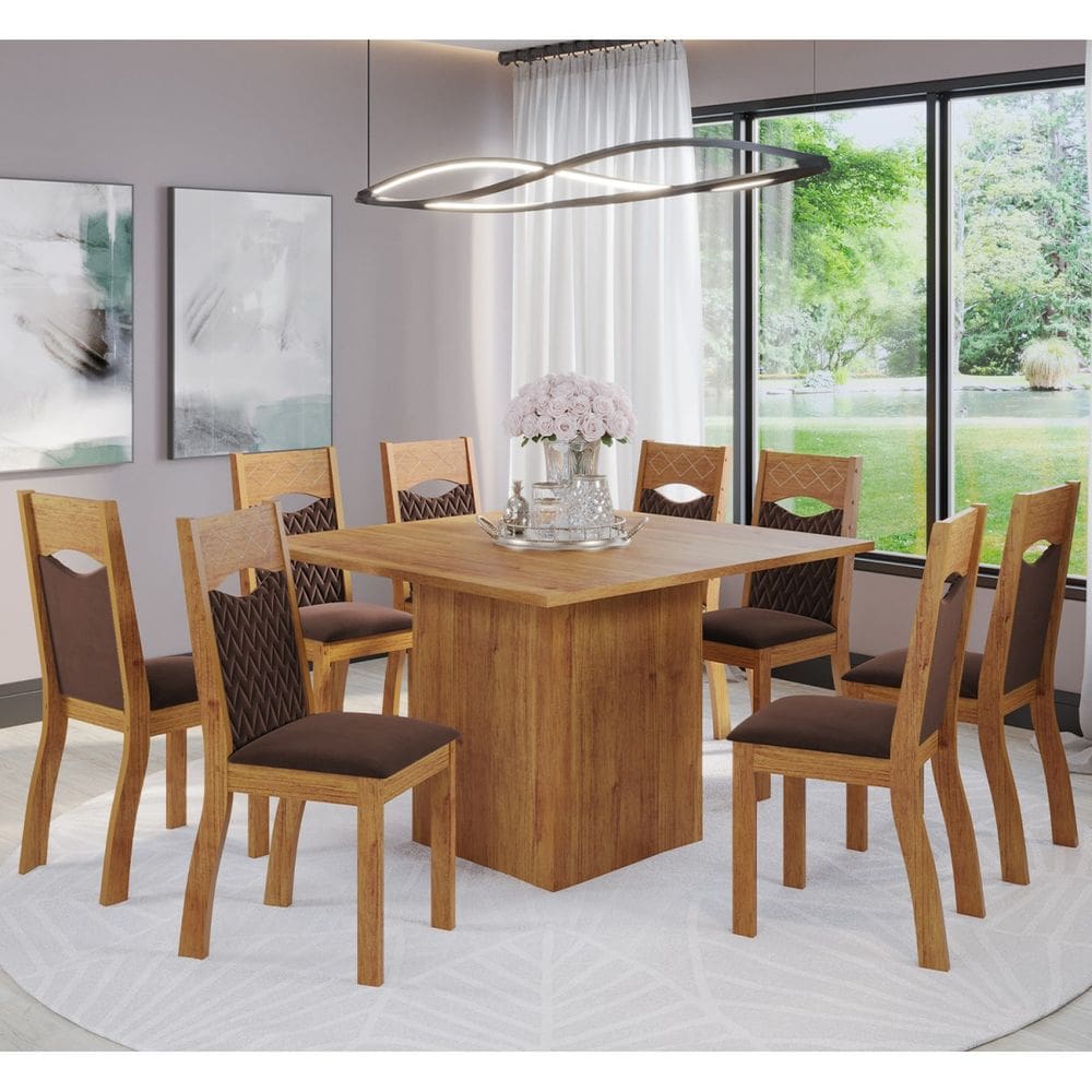 Mesa de Jantar Quadrada Gabbana Com 8 Cadeiras Pietra Cobre/Veludo Bombom - Casa Giulia