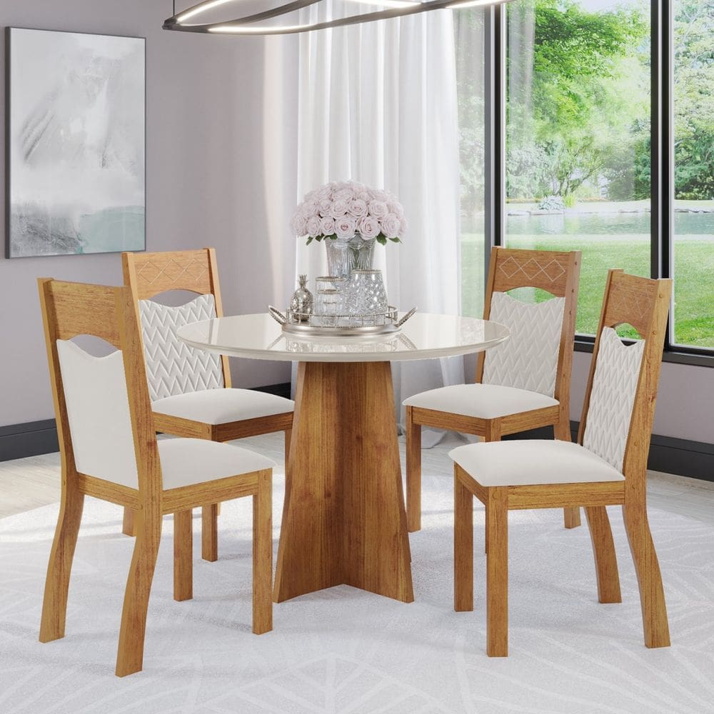 Mesa de Jantar Redonda  Lilith Com 4 Cadeiras Pietra Cobre/Off White/Marfim - Casa Giulia