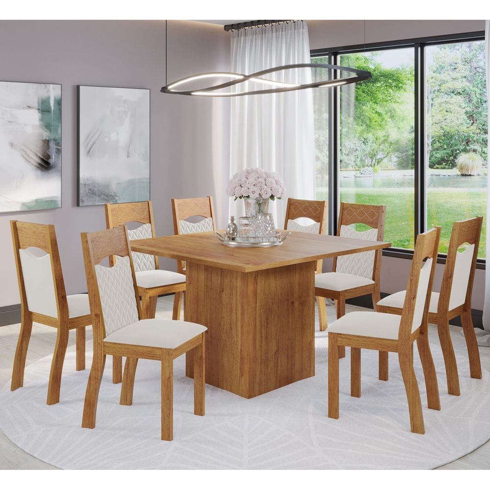 Mesa de Jantar Quadrada Gabbana Com 8 Cadeiras Pietra Cobre/Veludo Marfim - Casa Giulia