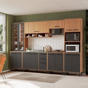 Cozinha Modulada Havana 06 Peças com Cristaleira 15 Portas e 02 Gavetas Rovere/Grafite