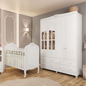 Quarto de Bebê com Berço Mini Cama e Guarda Roupa com Janela Maya Clássico Espresso Móveis Branco Brilho