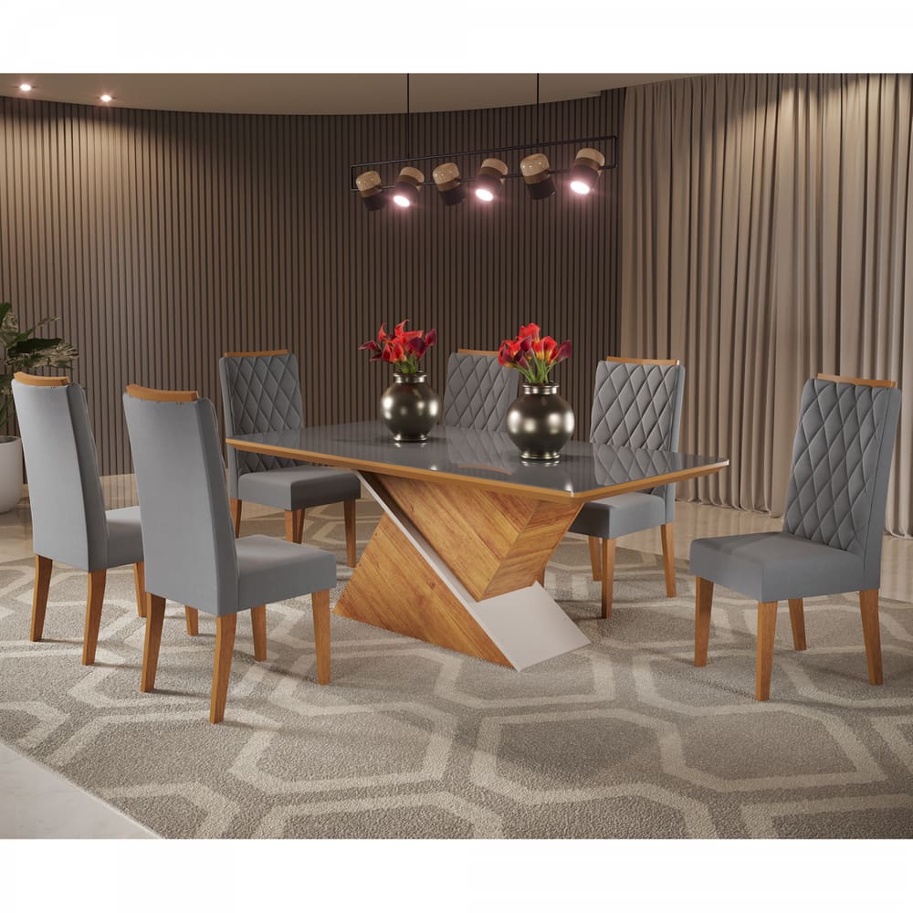 Mesa de Jantar Retangular Crystal Com 6 Cadeiras Iza Cobre/Cinza/Vd Grafite - Casa Giulia