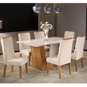 Mesa de Jantar Retangular Vitton Com 6 Cadeiras Iza Cobre/Bege/Vd Off White - Casa Giulia