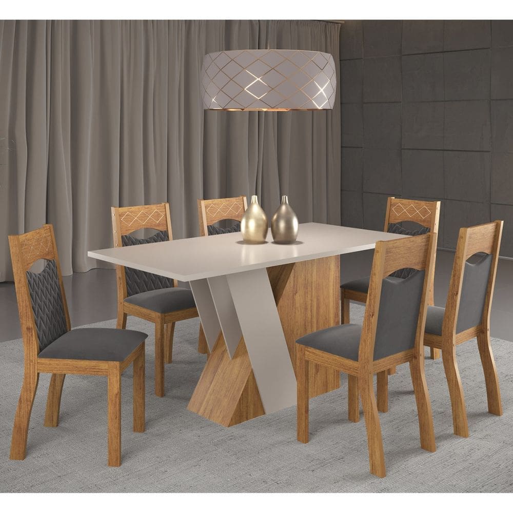 Mesa de Jantar Retangular Grenda Com 6 Cadeiras Pietra Cobre/Blonde/Veludo Grafite - Casa Giulia